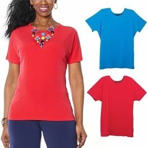 NWT Iman 3pc. City Chic Set! Crewneck Short Sleeve Tops, Blue & Red + Necklace!